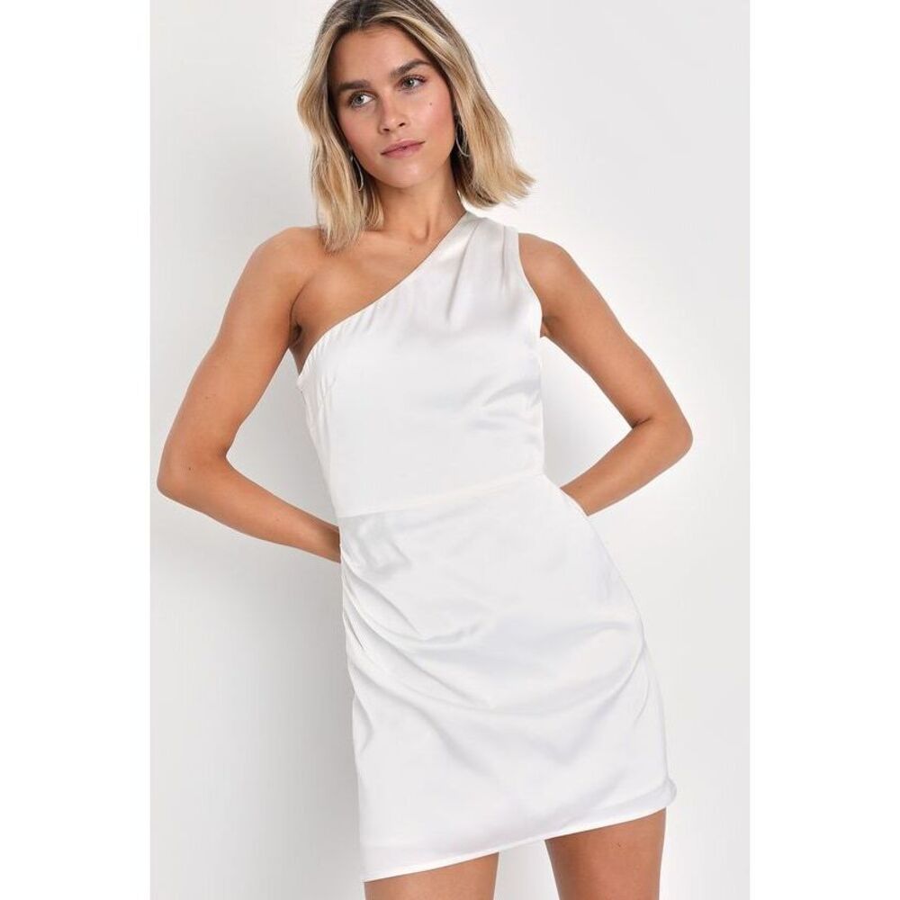 Lulus Love Me Tonight White Satin One-shoulder Mini Dress - Size S